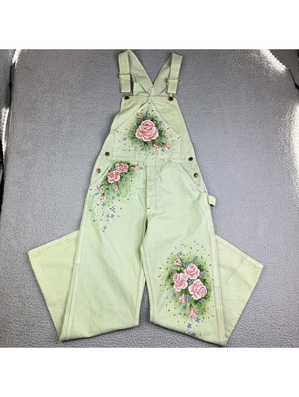 VTG Round House Overalls Denim Green Garden Floral Ceejay 1989 Painted Bib 30x30